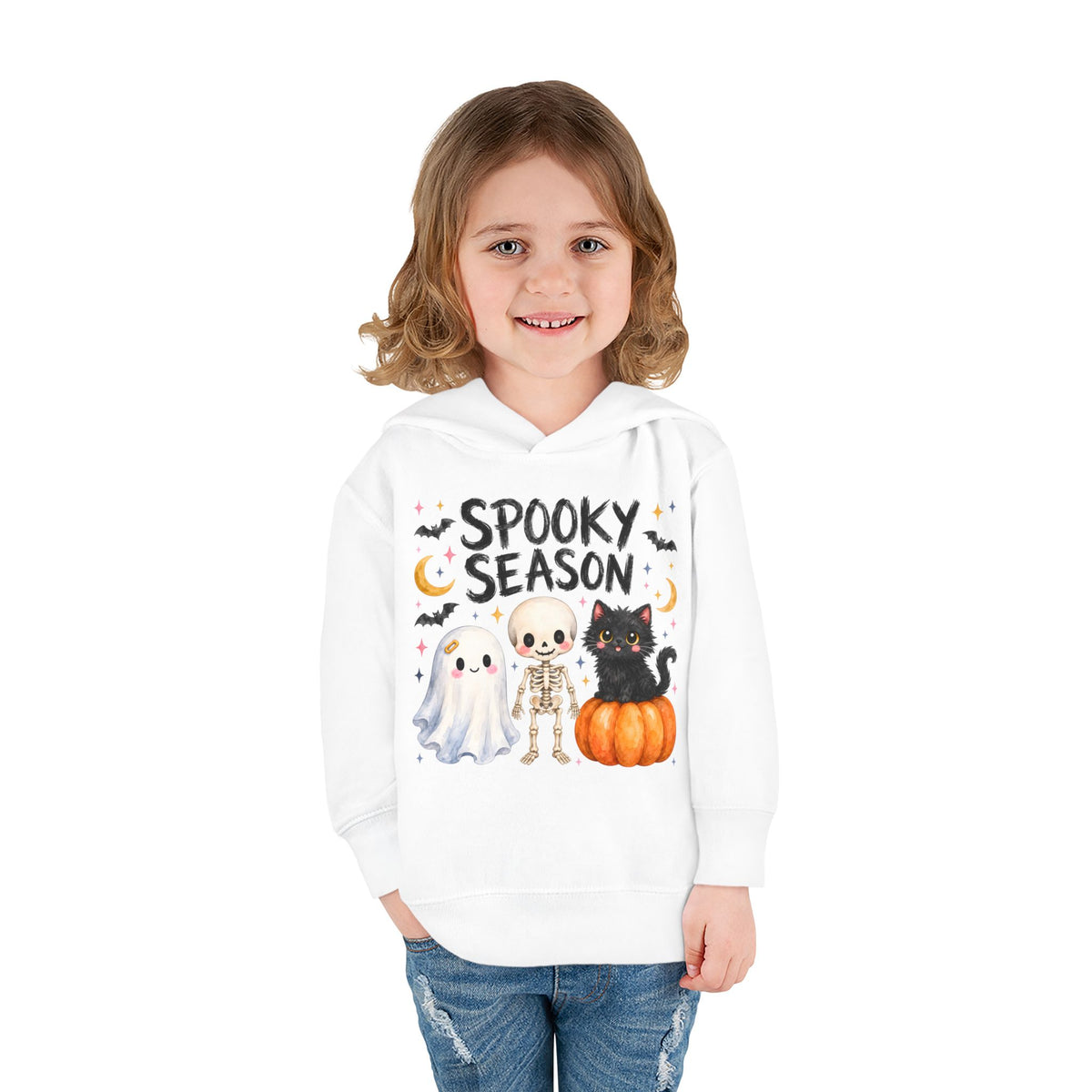 Toddler Hoodie — "Spooky Season" Cute Ghost, Skeleton & Black Cat Halloween Pullover