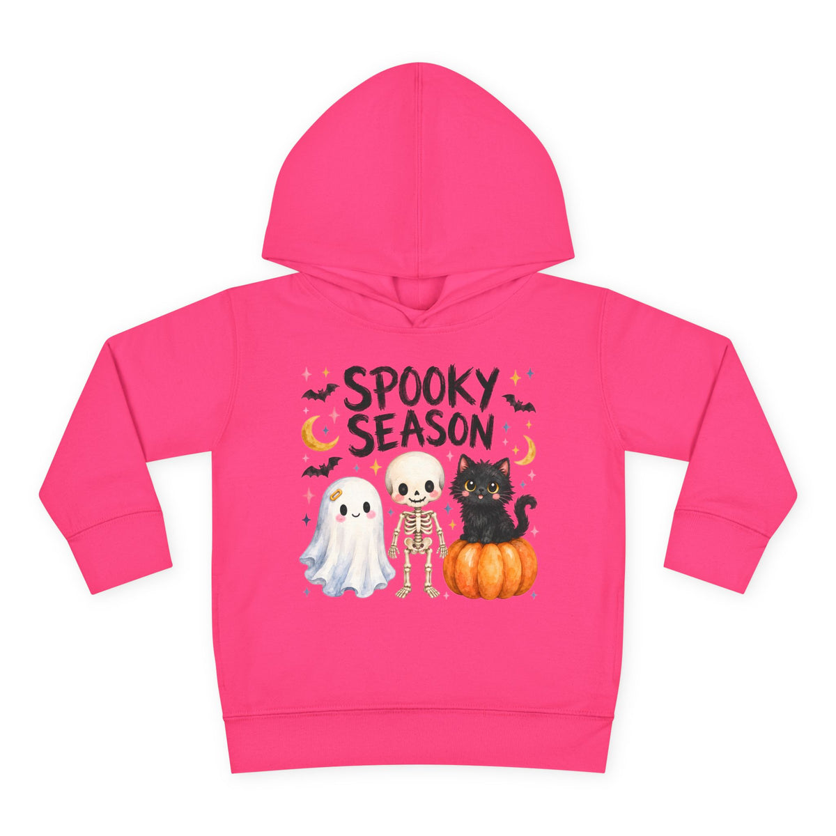 Toddler Hoodie — "Spooky Season" Cute Ghost, Skeleton & Black Cat Halloween Pullover