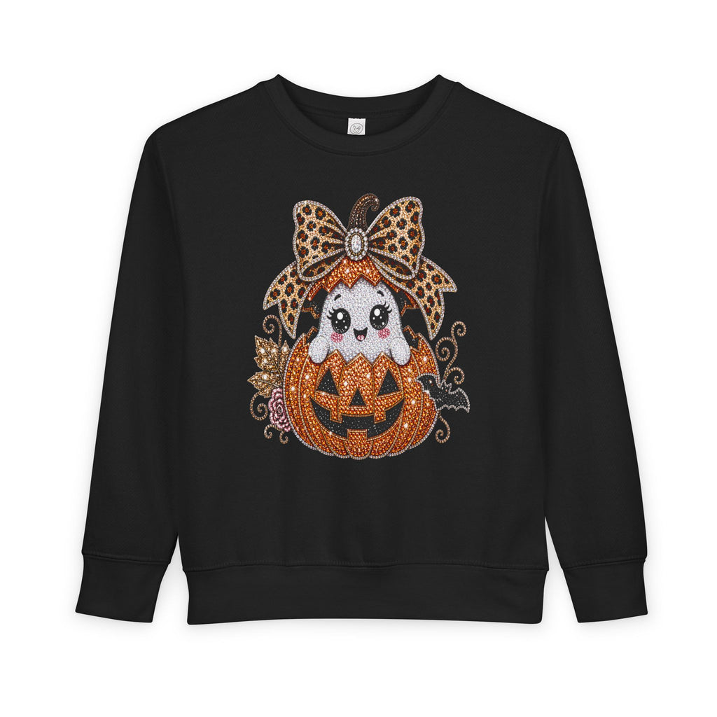 Kids Halloween Sweatshirt — Cute Ghost in Leopard Bow Pumpkin