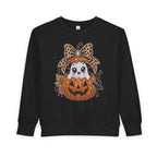 Kids Halloween Sweatshirt — Cute Ghost in Leopard Bow Pumpkin