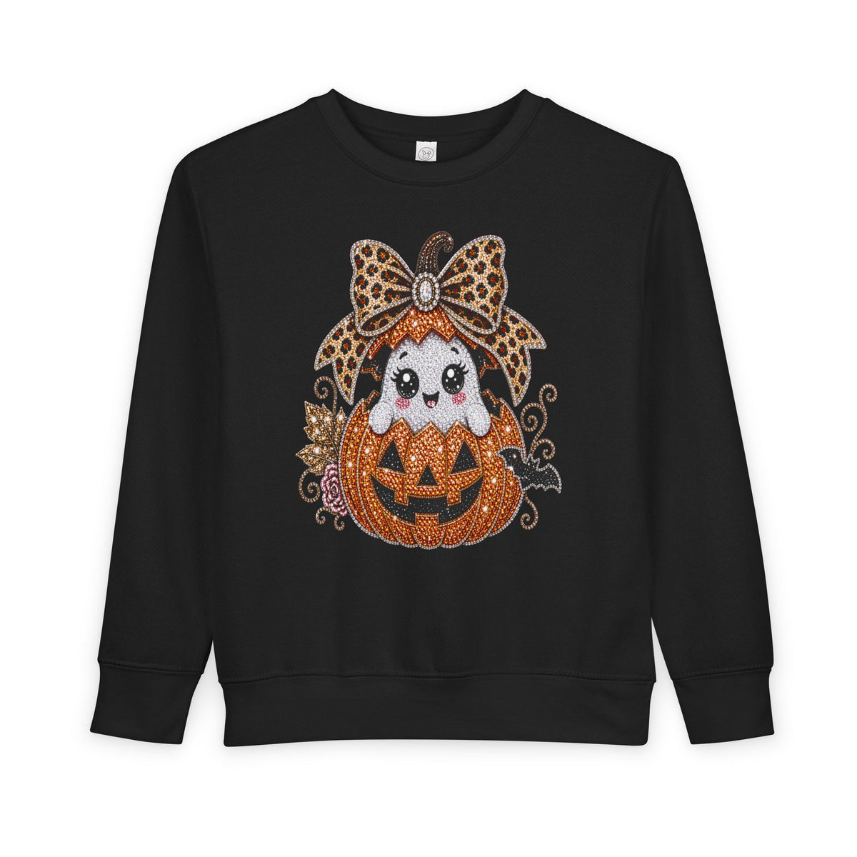 Kids Halloween Sweatshirt — Cute Ghost in Leopard Bow Pumpkin