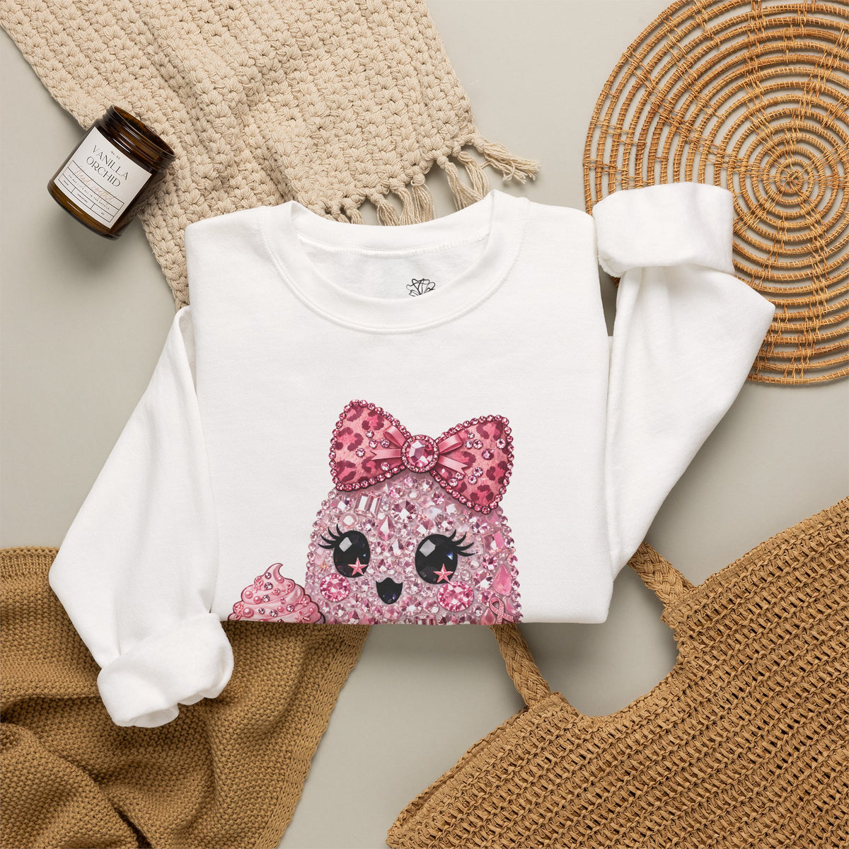 Pink Glitter Ghost Candy and Coffee Graphic - Halloween Pullover Sweatshirt
