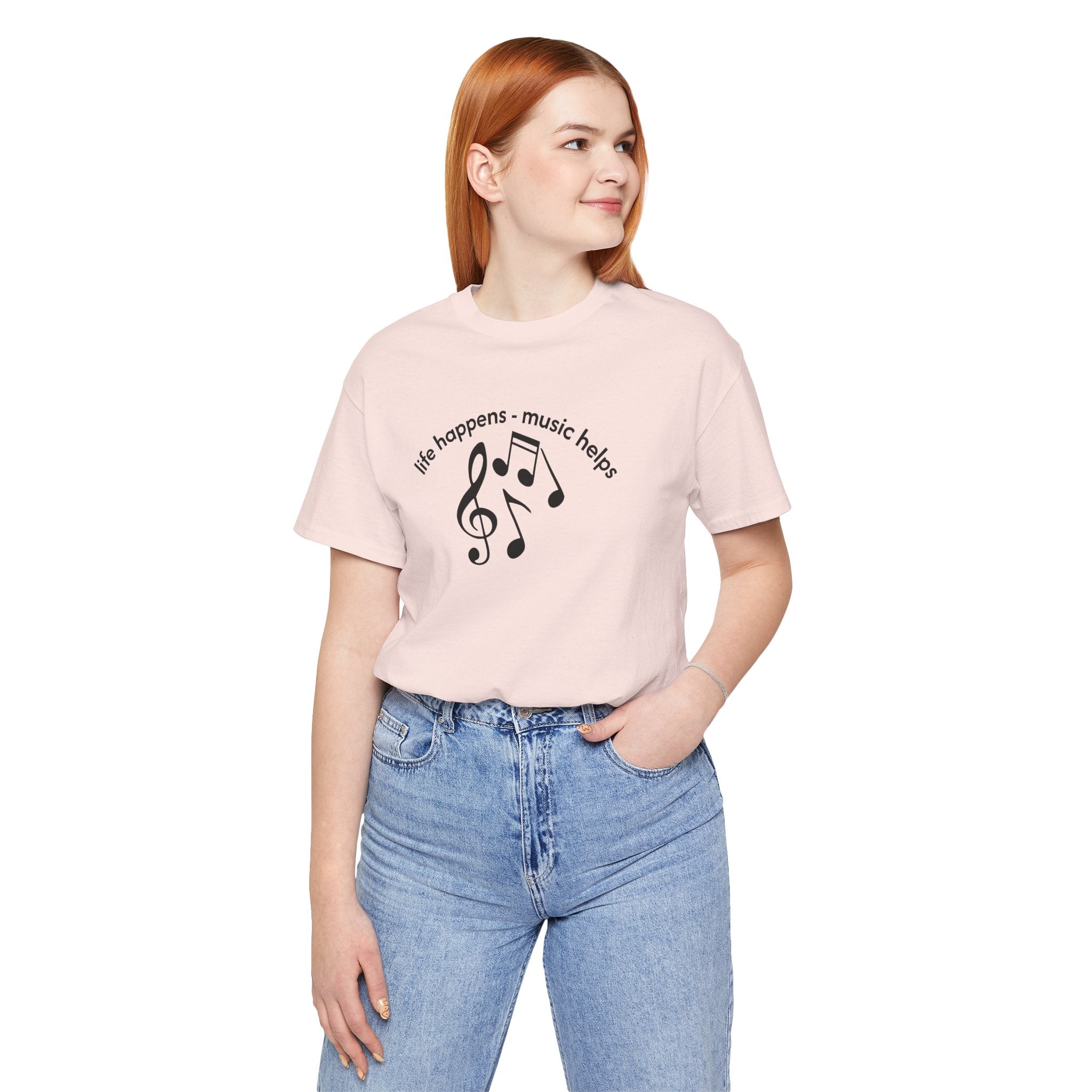 Music Therapy Tee — "life happens • music helps" Short Sleeve Shirt