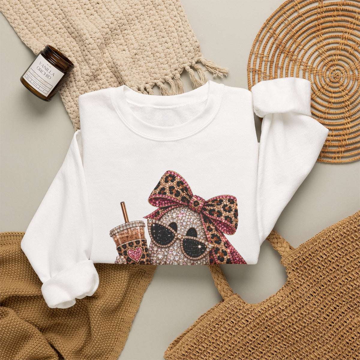 Leopard Bow Ghost/Pumpkins Graphic -  Pullover Sweatshirt