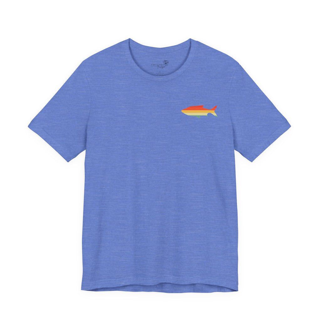 Fish Icon Tee — Small Rainbow Fish Chest Graphic T-Shirt