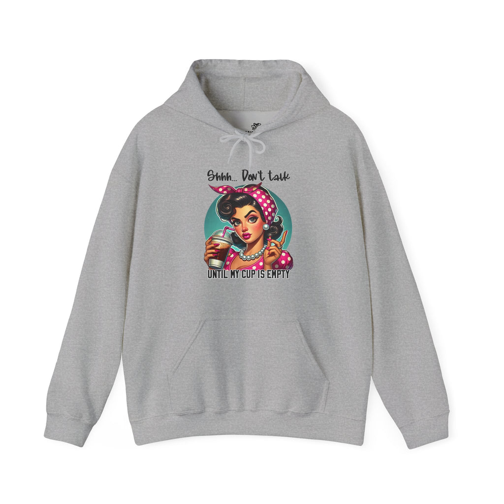 "Shhhh Don’t Talk Until My Cup Is Empty" Retro Rosie Coffee Graphic - Cozy Hoodie