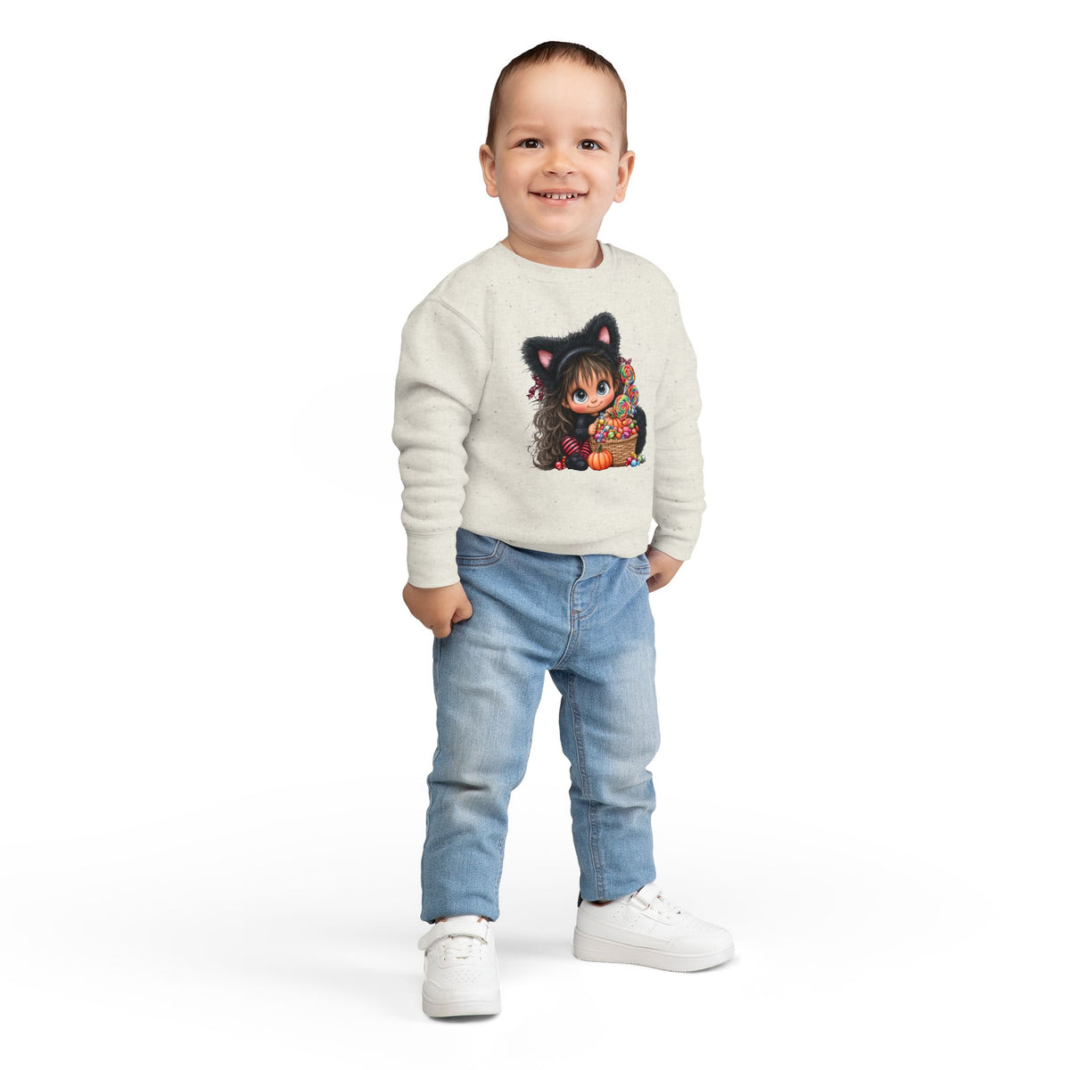 Toddler Sweatshirt — Cute Black Cat Costume Kid's Halloween Sweatshirt with Candy Basket