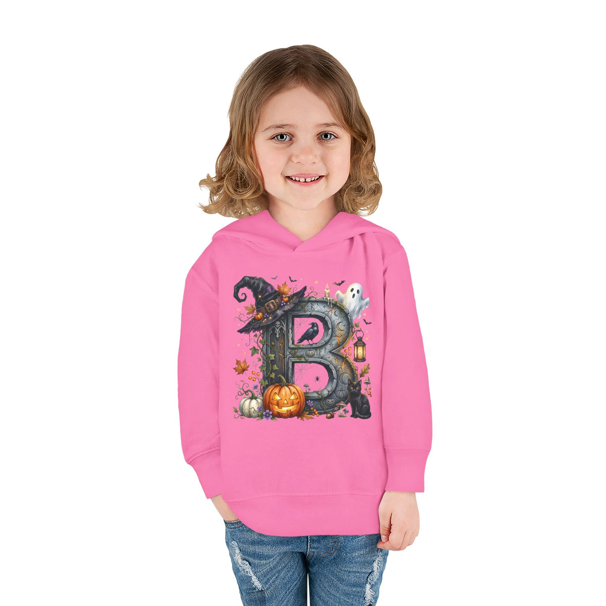 Toddler Hoodie — Halloween Custom Initial Pullover (Witch Hat, Pumpkin & Ghosts)