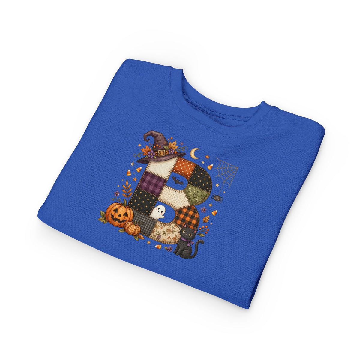 Kids Halloween Custom Initial Sweatshirt — Patchwork Pumpkin Witch Hat Design