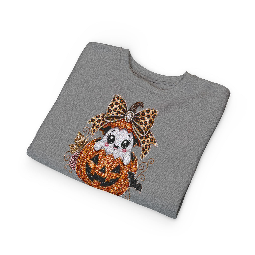 Kids Halloween Sweatshirt — Cute Ghost in Leopard Bow Pumpkin