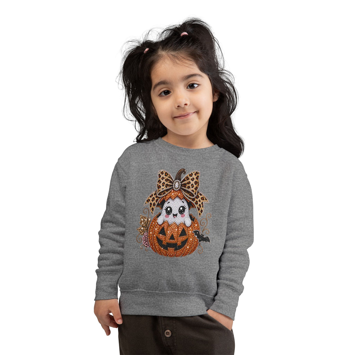 Kids Halloween Sweatshirt — Cute Ghost in Leopard Bow Pumpkin