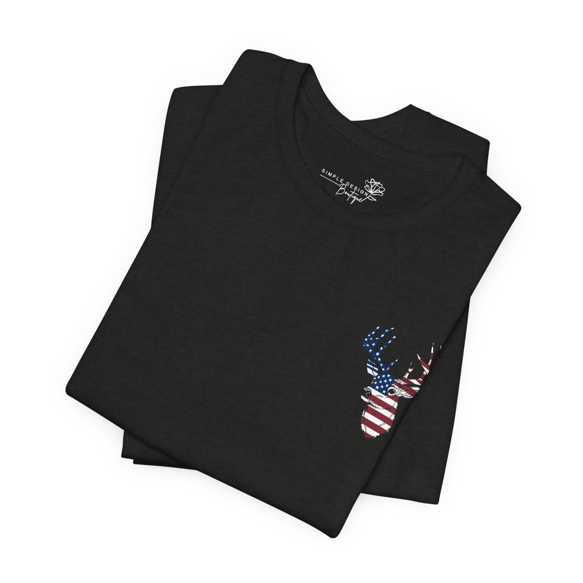 Patriotic Deer Head Graphic Tee — Red White & Blue Double-Sided Hunting Shirt | S–3XL