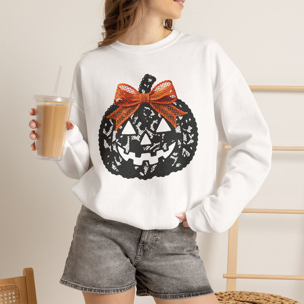 Lace Pumpkin & Orange Bow 3D Graphic | Halloween Pullover Sweatshirt