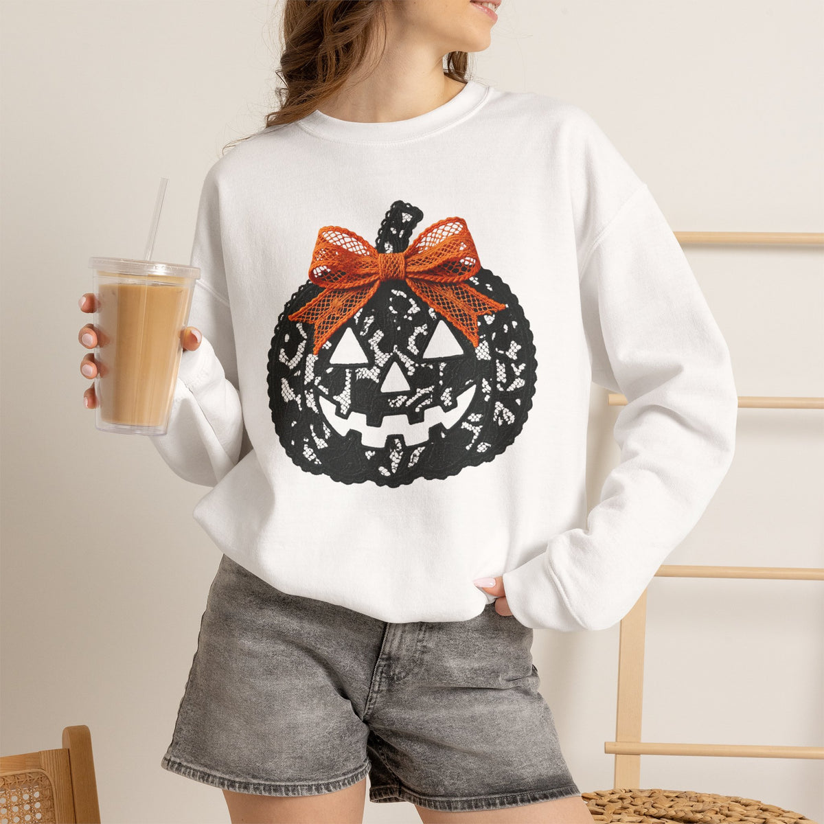 Lace Pumpkin & Orange Bow 3D Graphic | Halloween Pullover Sweatshirt