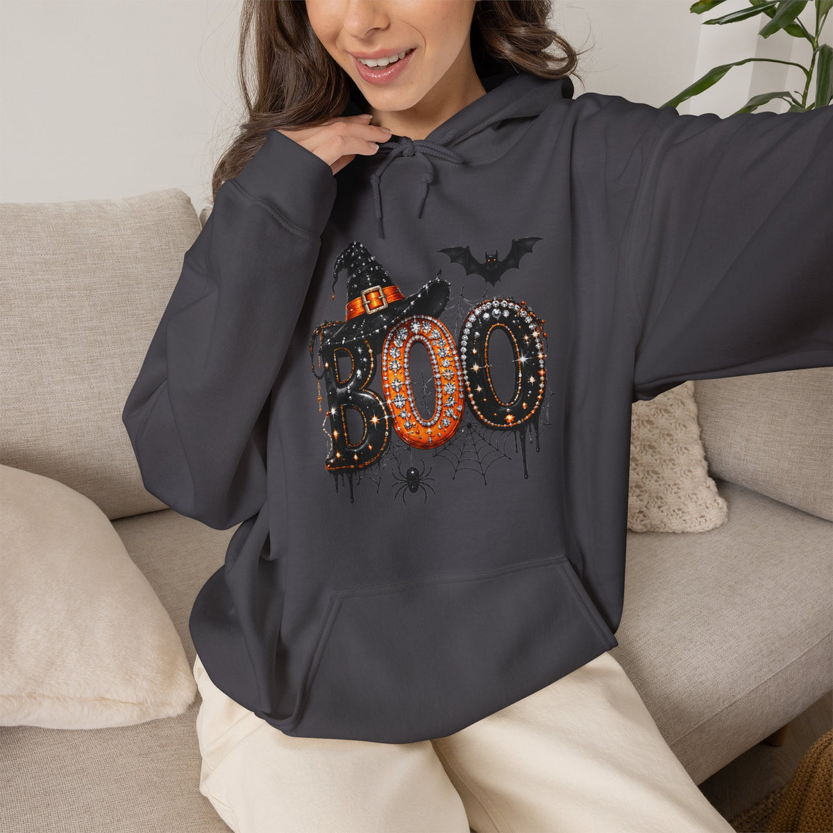 'BOO' Witch Hat, Bat & Spiderweb Graphic - Halloween Hoodie