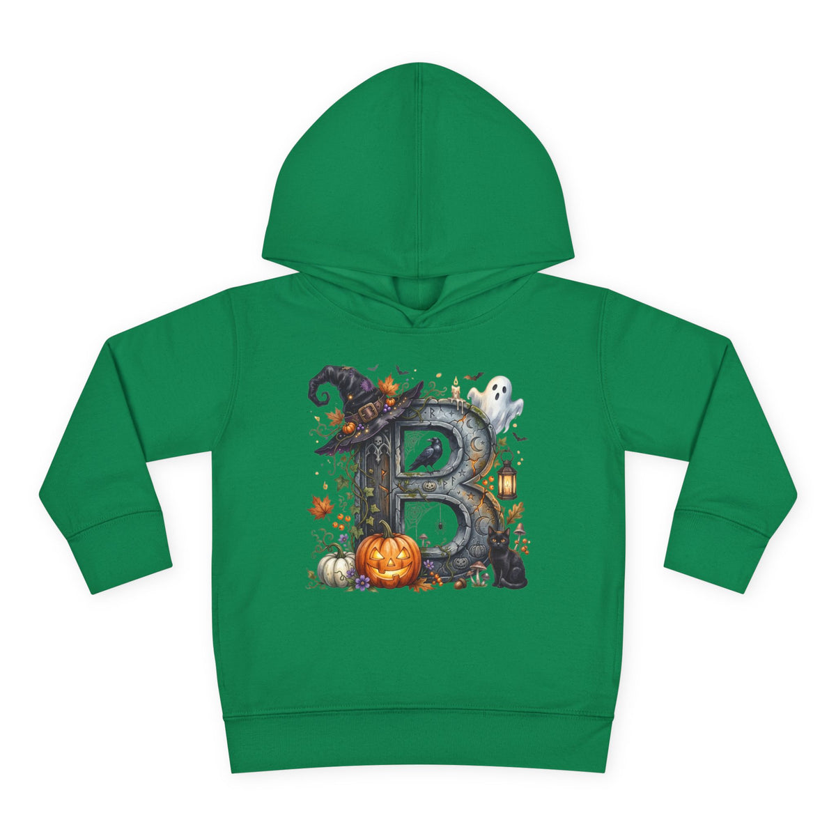 Toddler Hoodie — Halloween Custom Initial Pullover (Witch Hat, Pumpkin & Ghosts)