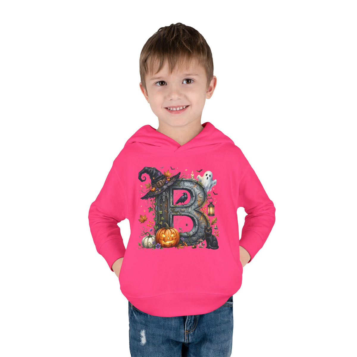 Toddler Hoodie — Halloween Custom Initial Pullover (Witch Hat, Pumpkin & Ghosts)