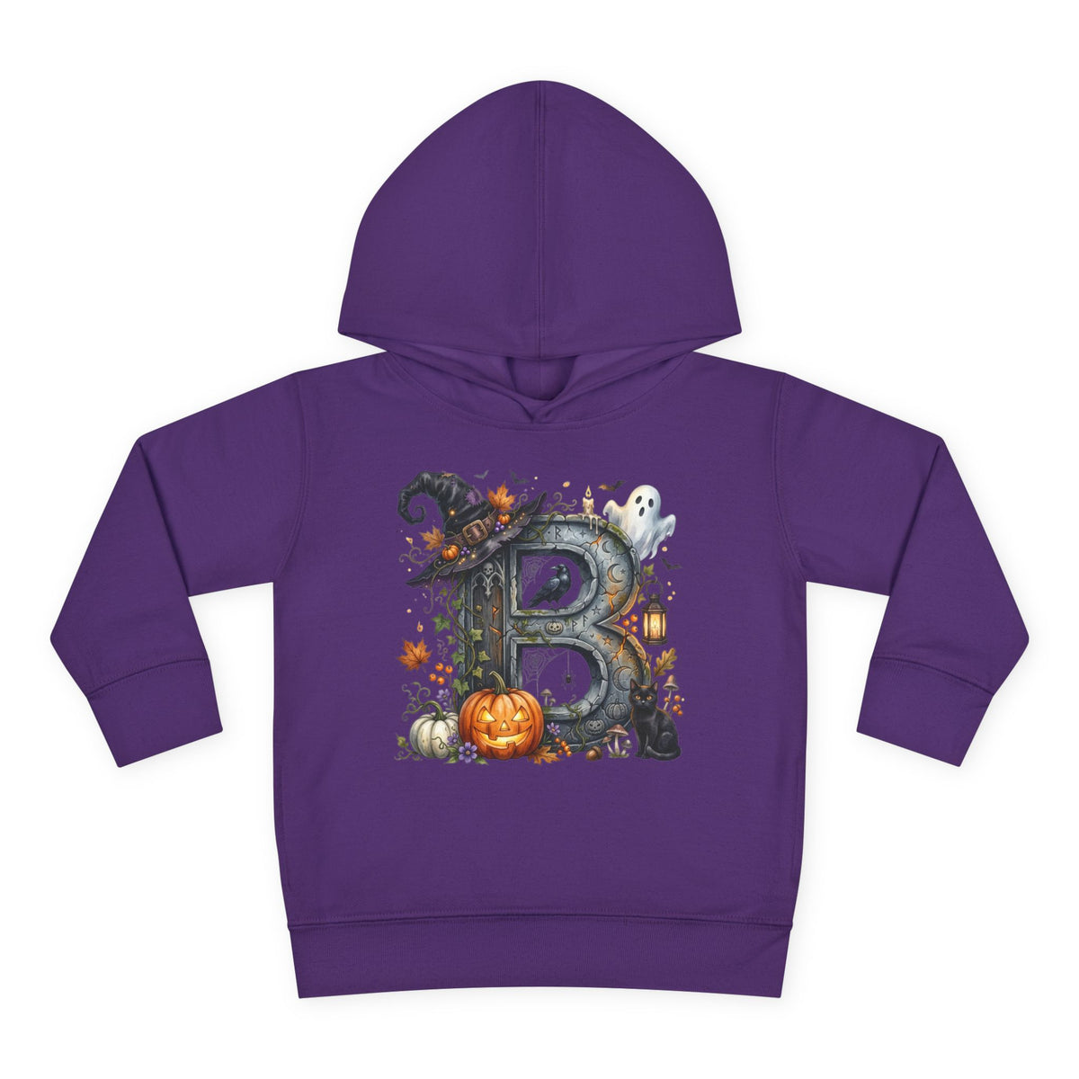 Toddler Hoodie — Halloween Custom Initial Pullover (Witch Hat, Pumpkin & Ghosts)