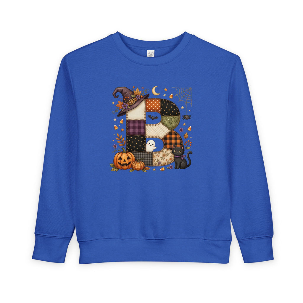 Kids Halloween Custom Initial Sweatshirt — Patchwork Pumpkin Witch Hat Design