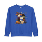 Kids Halloween Custom Initial Sweatshirt — Patchwork Pumpkin Witch Hat Design