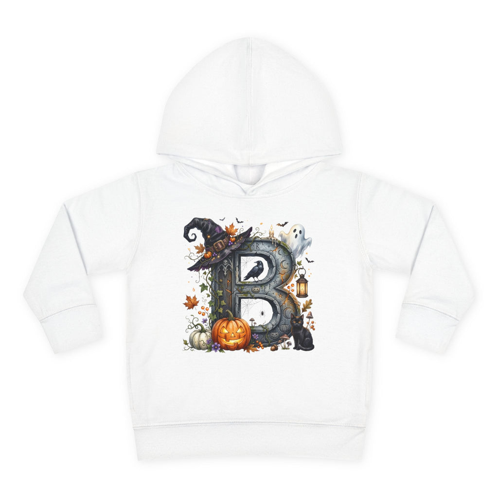 Toddler Hoodie — Halloween Custom Initial Pullover (Witch Hat, Pumpkin & Ghosts)