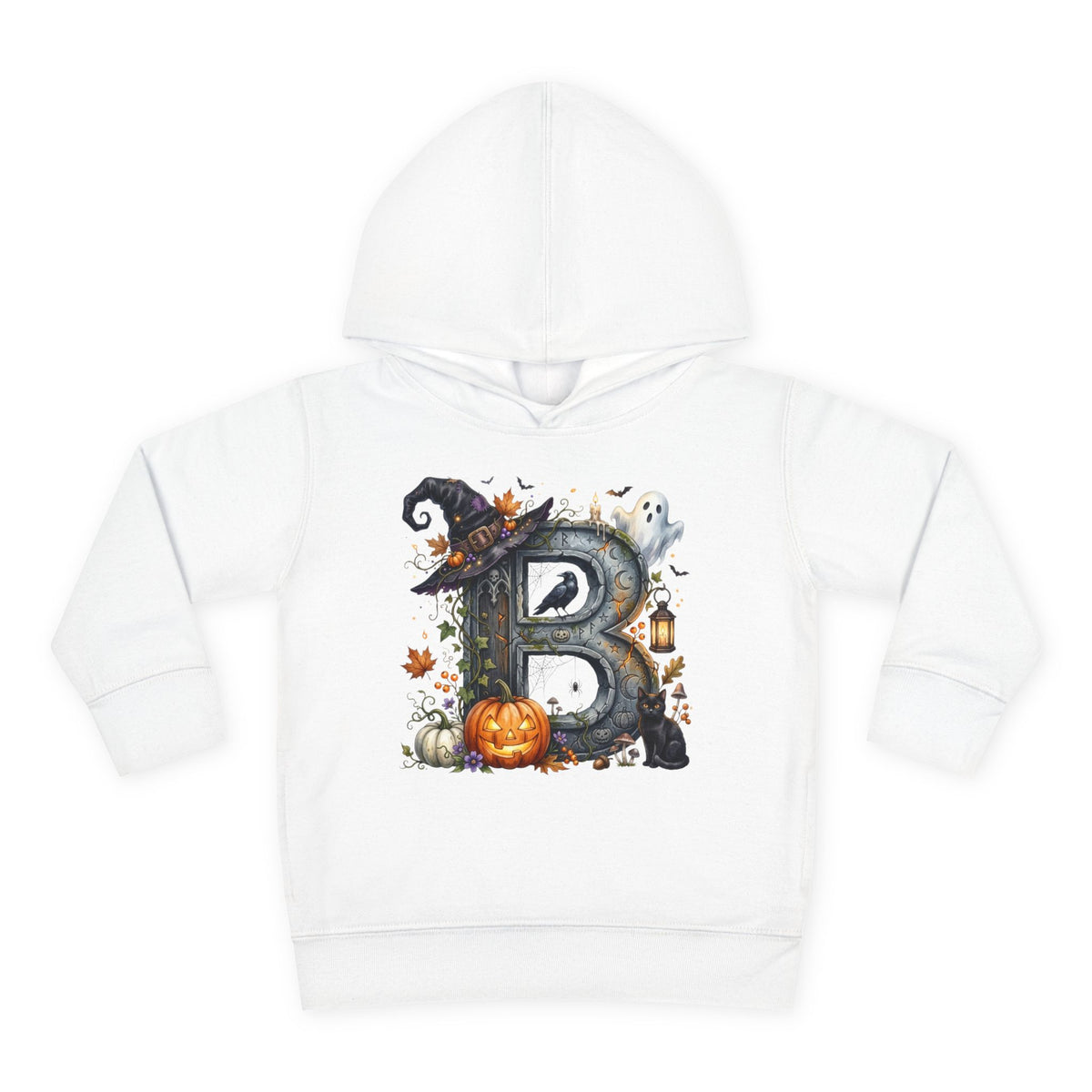 Toddler Hoodie — Halloween Custom Initial Pullover (Witch Hat, Pumpkin & Ghosts)