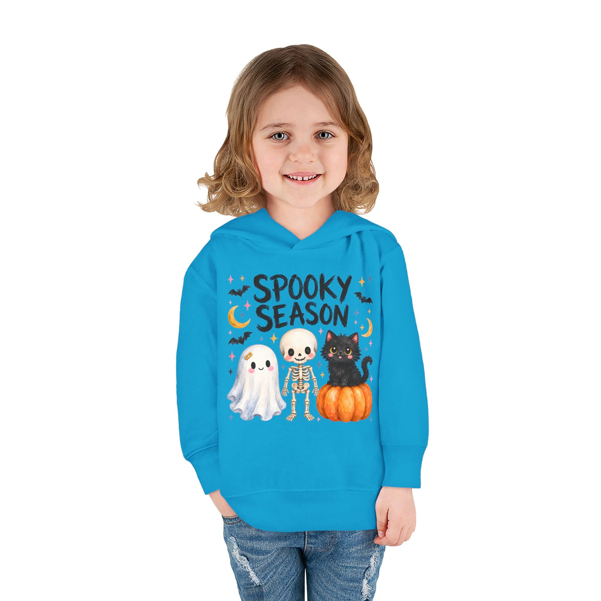Toddler Hoodie — "Spooky Season" Cute Ghost, Skeleton & Black Cat Halloween Pullover