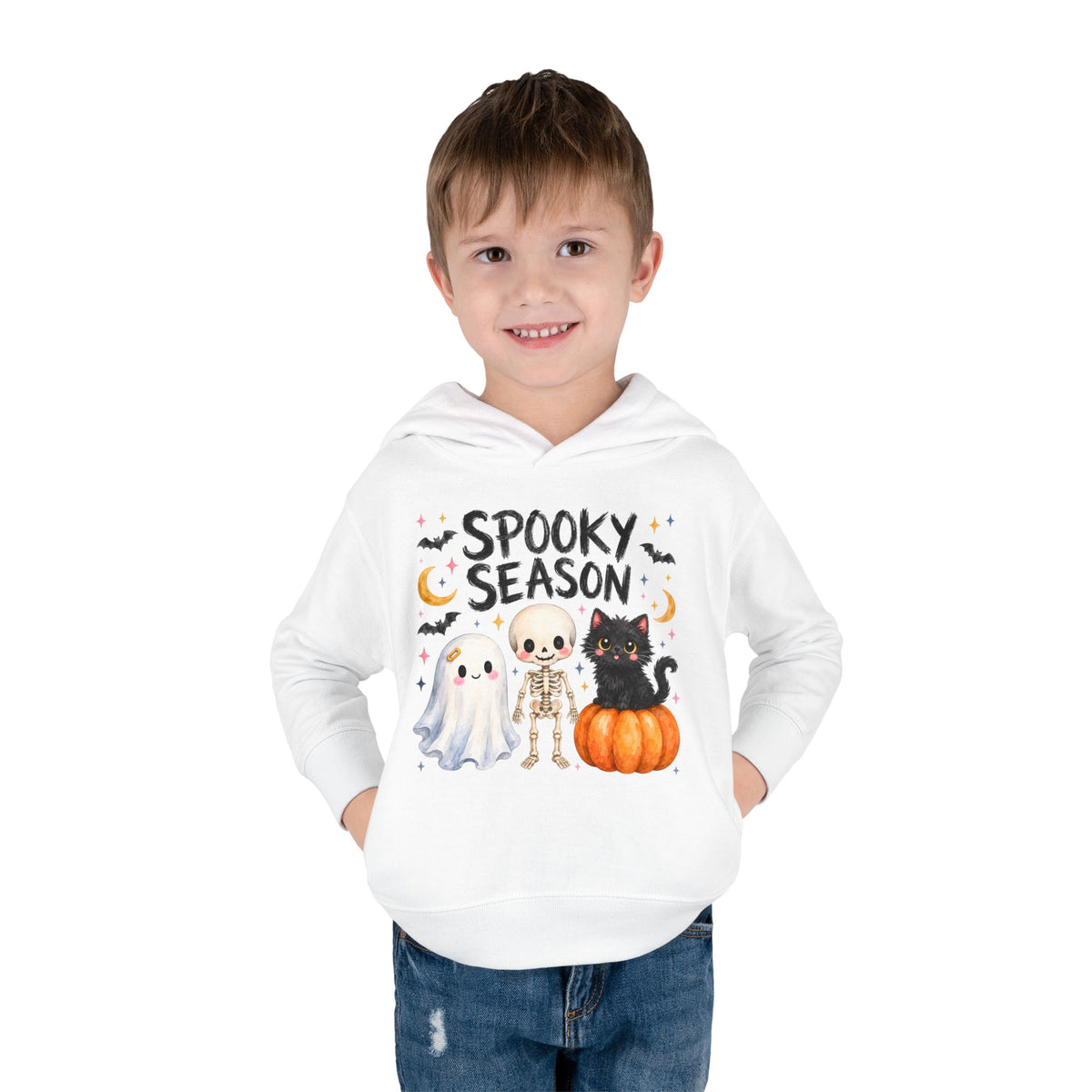 Toddler Hoodie — "Spooky Season" Cute Ghost, Skeleton & Black Cat Halloween Pullover