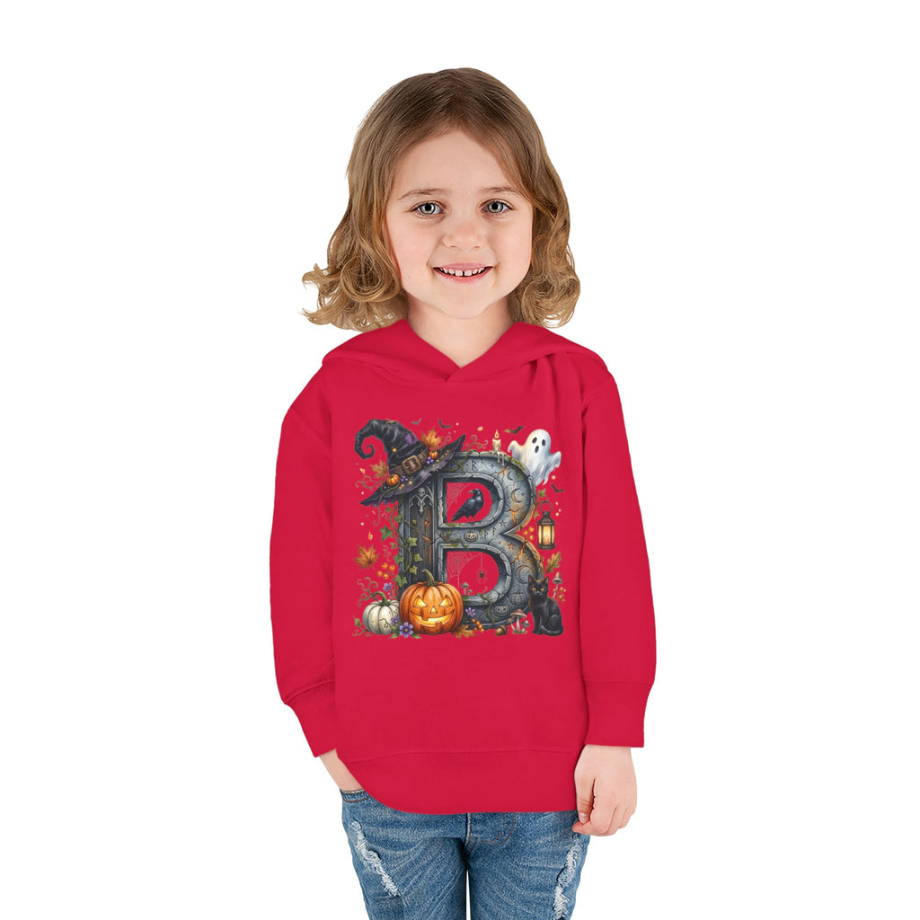 Toddler Hoodie — Halloween Custom Initial Pullover (Witch Hat, Pumpkin & Ghosts)