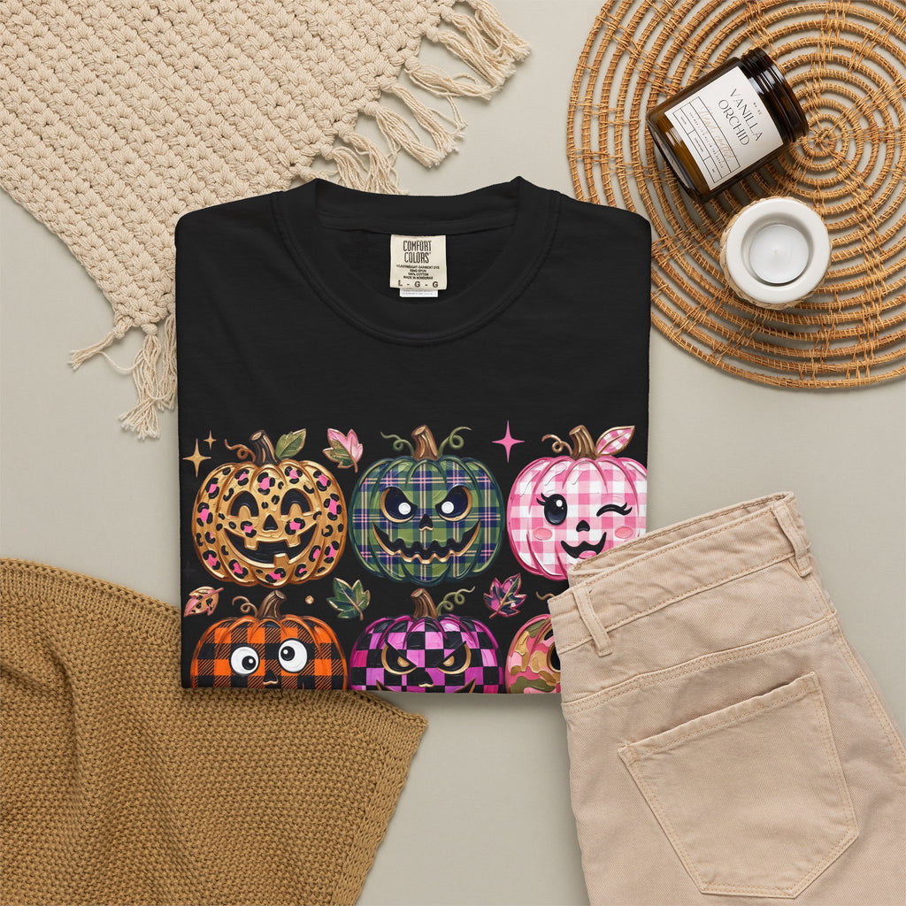 Patterned Comfort Colors Pumpkin Patch T-Shirt — Cute Halloween Jack-O'-Lanterns
