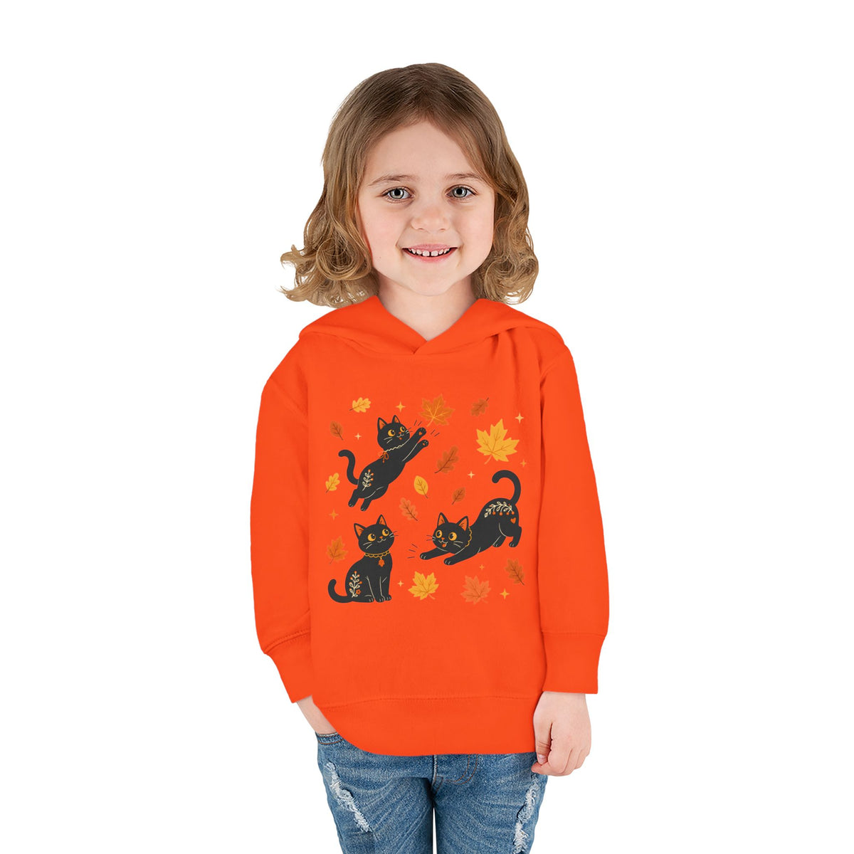 Toddler Hoodie — Playful Black Cats with Falling Autumn Leaves