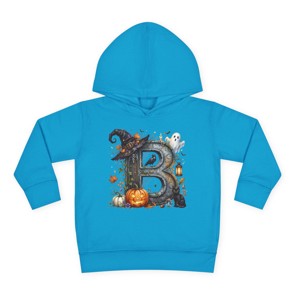 Toddler Hoodie — Halloween Custom Initial Pullover (Witch Hat, Pumpkin & Ghosts)