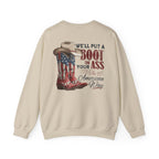 FRONT &  BACK "Brought to You Courtesy of the Red, White & Blue" Patriotic Cowboy Boots Crewneck | S–3XL