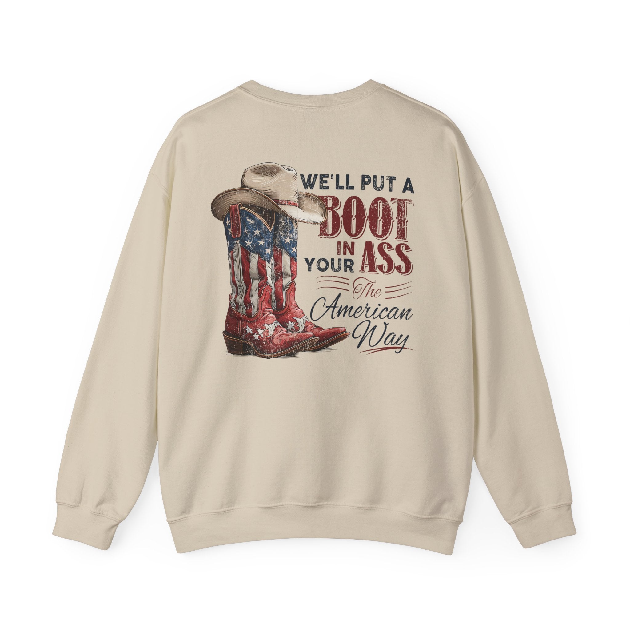 FRONT &  BACK "Brought to You Courtesy of the Red, White & Blue" Patriotic Cowboy Boots Crewneck | S–3XL