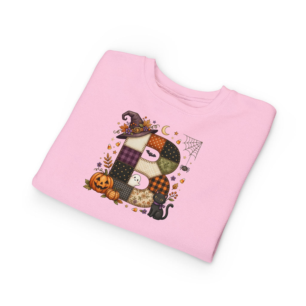 Kids Halloween Custom Initial Sweatshirt — Patchwork Pumpkin Witch Hat Design