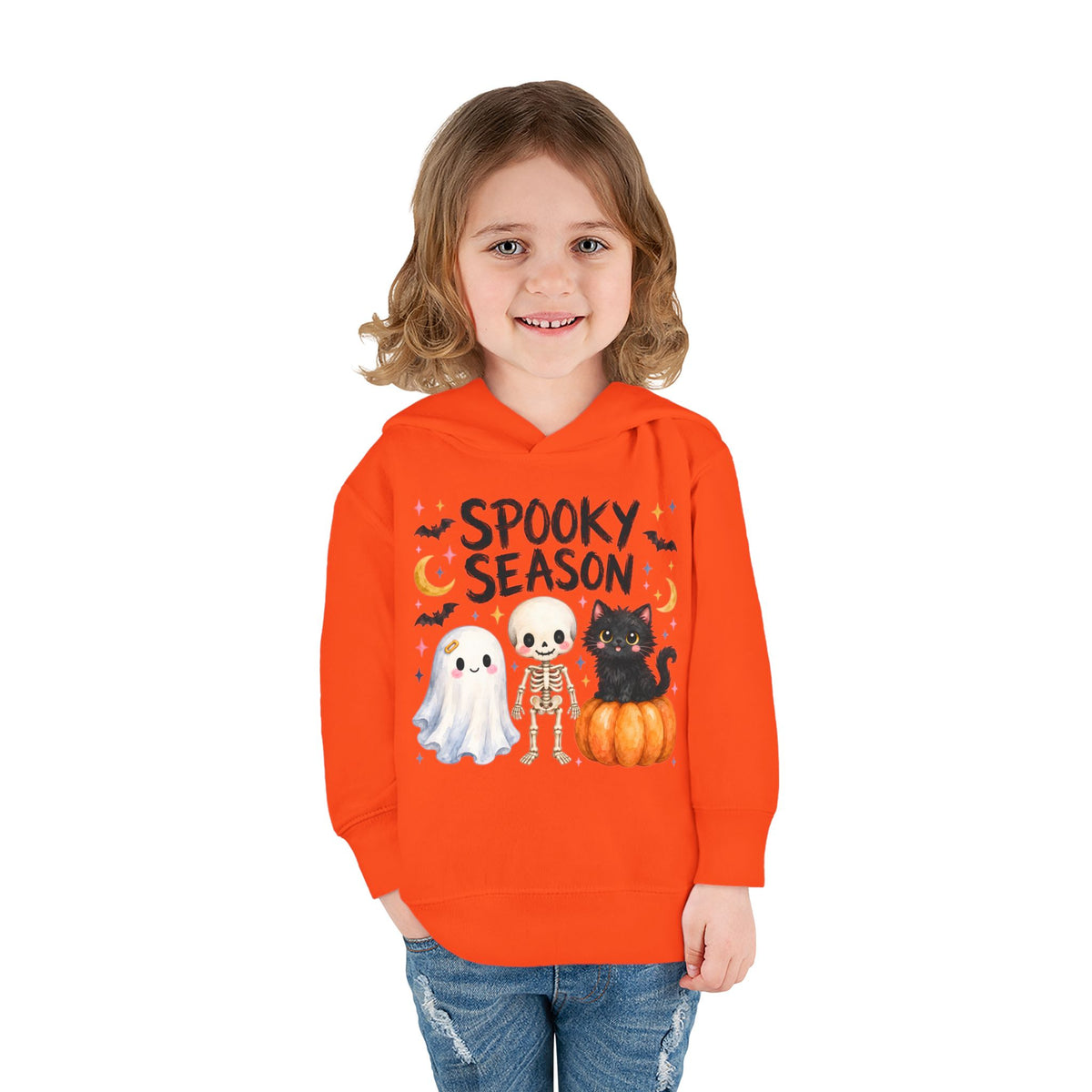 Toddler Hoodie — "Spooky Season" Cute Ghost, Skeleton & Black Cat Halloween Pullover