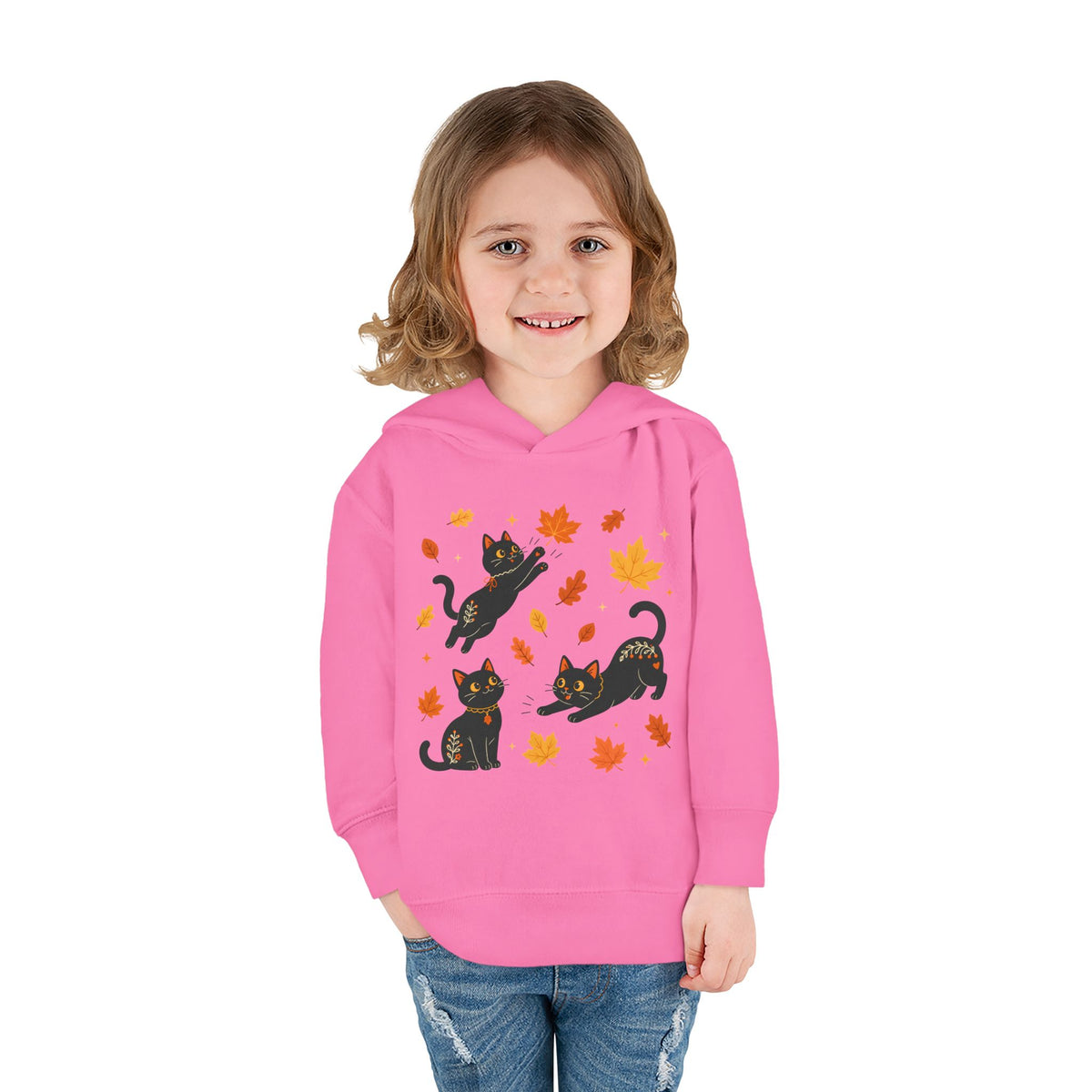Toddler Hoodie — Playful Black Cats with Falling Autumn Leaves