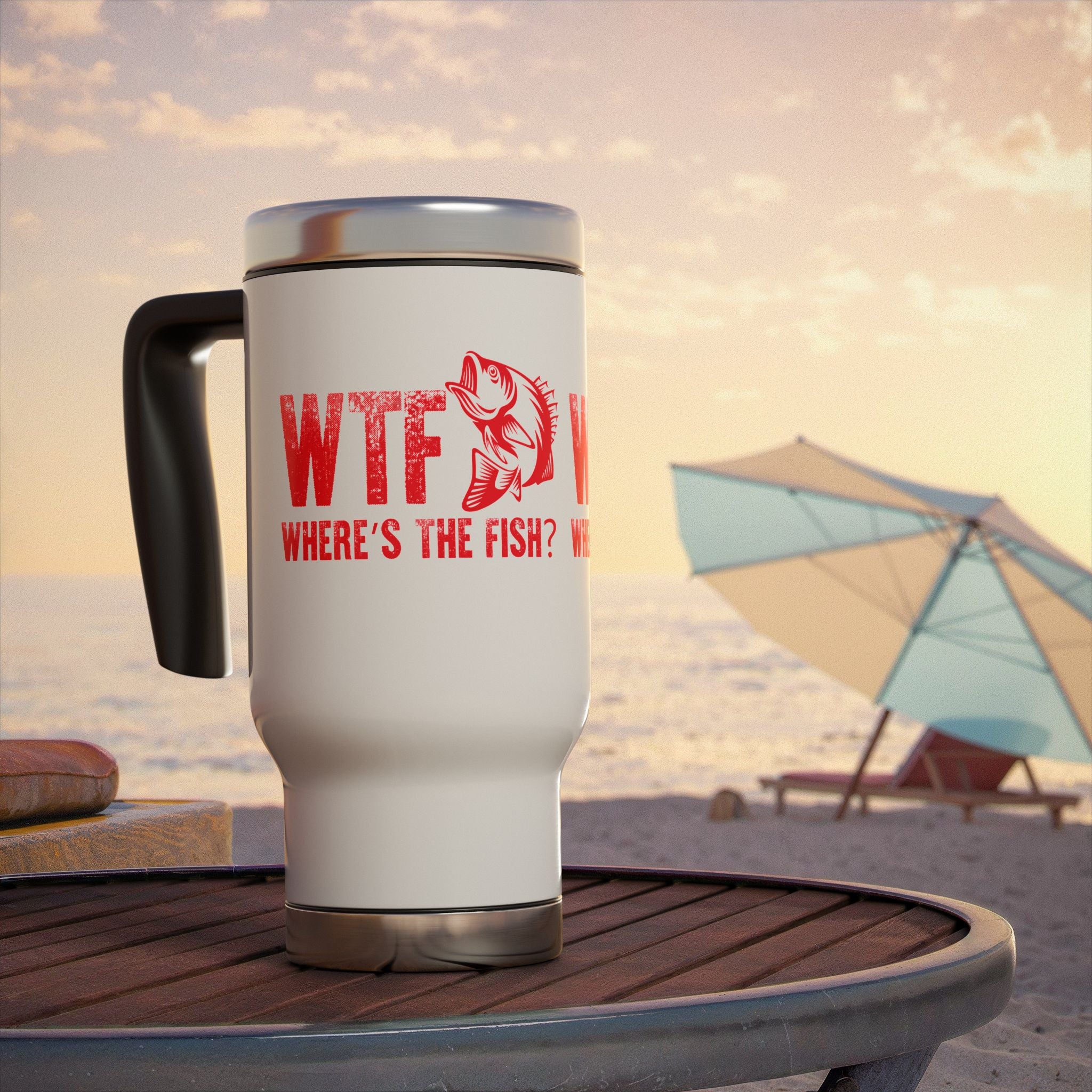 WTF Where’s the Fish — 14oz Stainless Steel Travel Mug with Handle