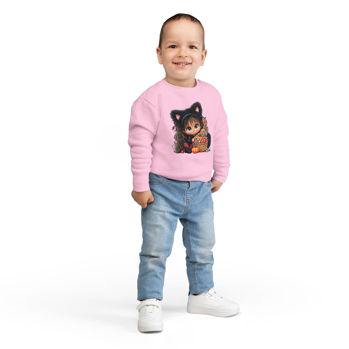Toddler Sweatshirt — Cute Black Cat Costume Kid's Halloween Sweatshirt with Candy Basket