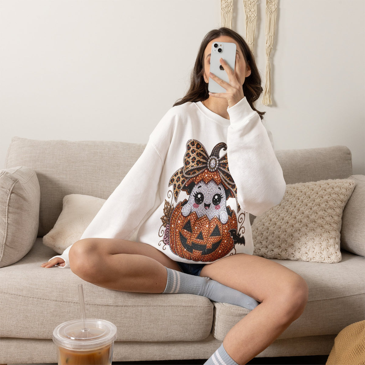 Cute Halloween Pumpkin Leopard Bow Ghost in Jack-O'-Lantern - Pullover Sweatshirt