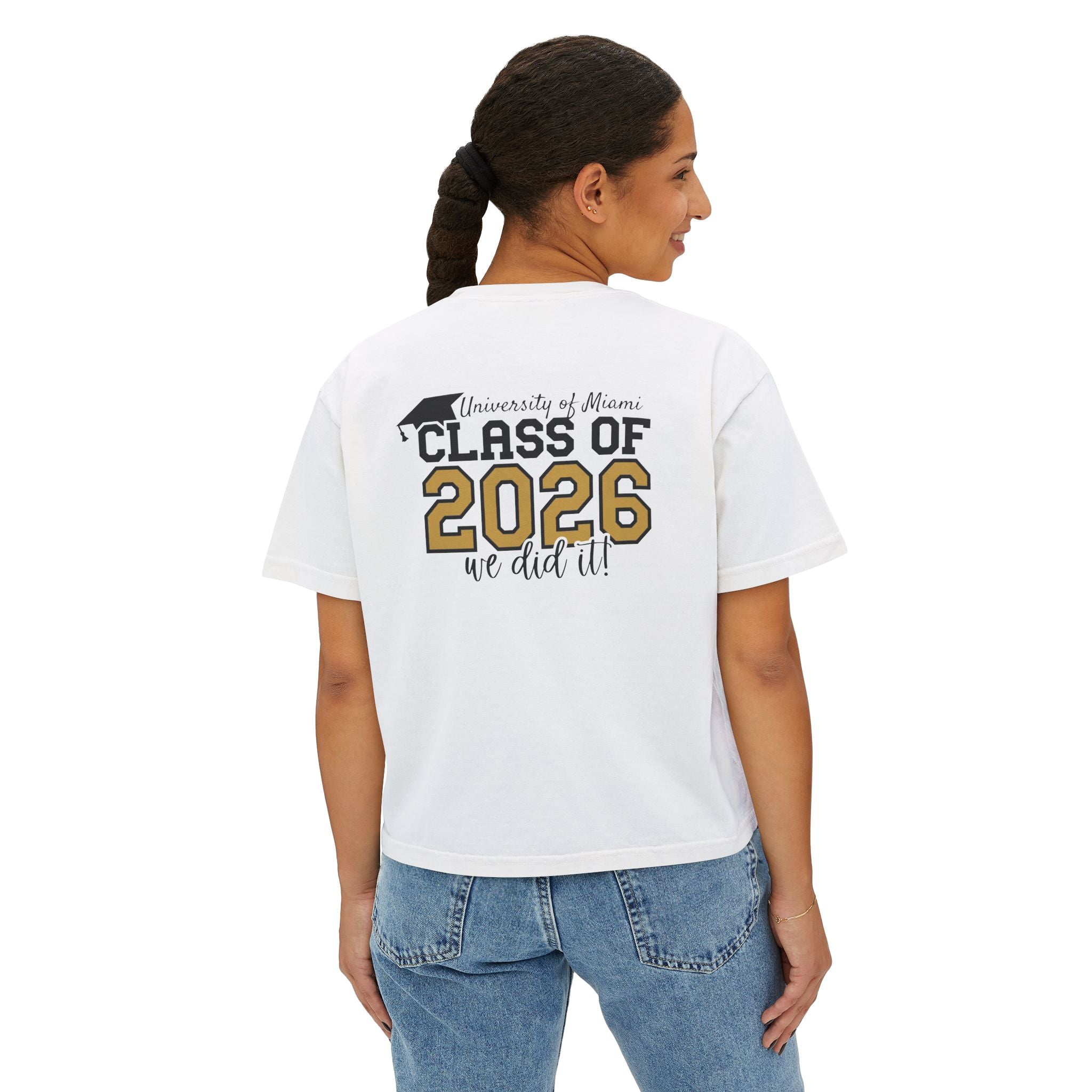 Class of 2026 FRONT & BACK Women's Boxy, Slightly Cropped Tee – Customize School Name Optional Graduation T‑Shirt