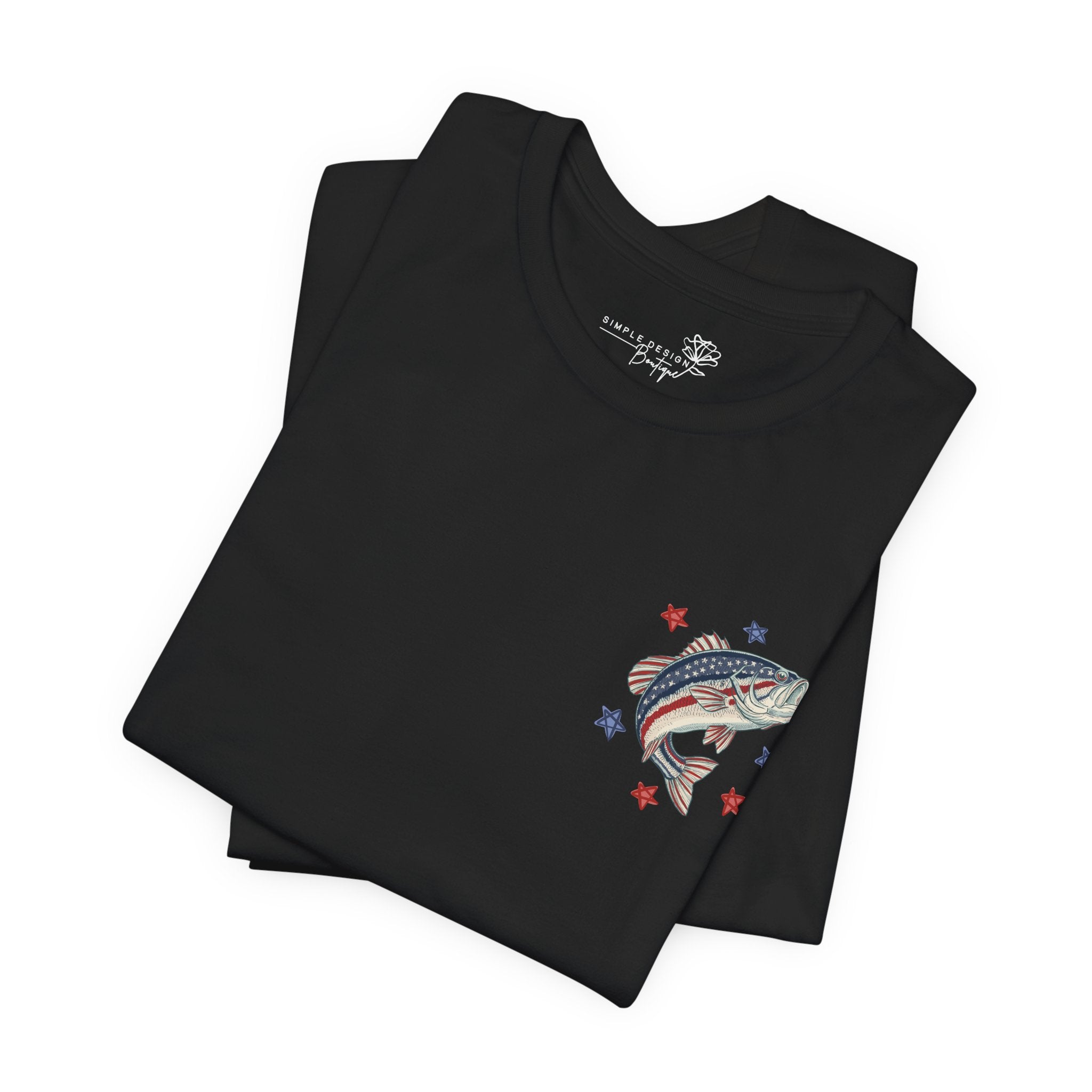 Patriotic Bass Fishing Graphic Tee — Red White & Blue Double-Sided Fishing Shirt | S–3XL