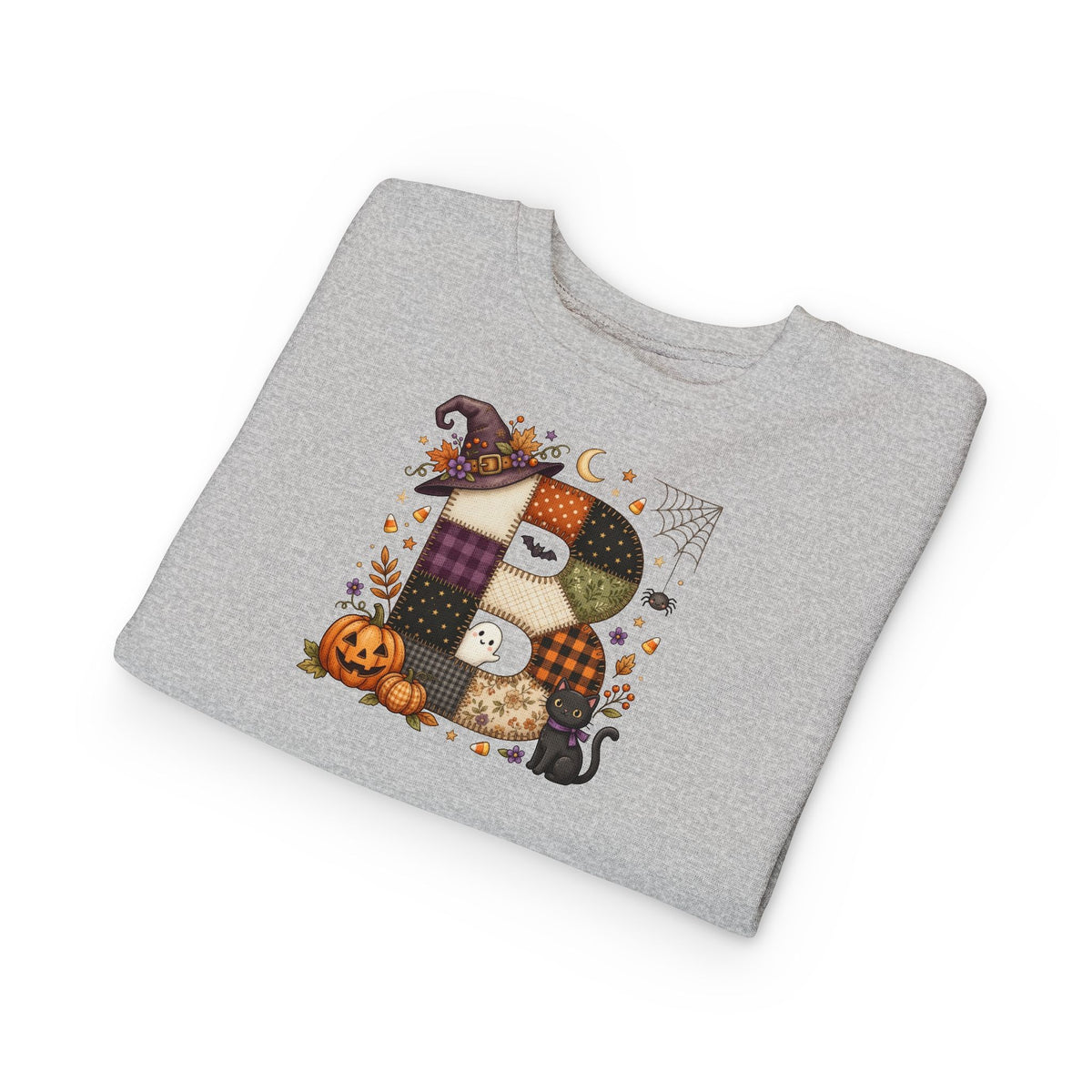 Kids Halloween Custom Initial Sweatshirt — Patchwork Pumpkin Witch Hat Design