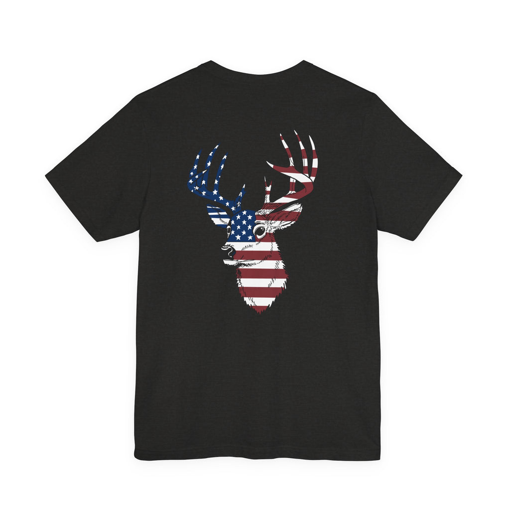 Patriotic Deer Head Graphic Tee — Red White & Blue Double-Sided Hunting Shirt | S–3XL