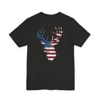 Patriotic Deer Head Graphic Tee — Red White & Blue Double-Sided Hunting Shirt | S–3XL