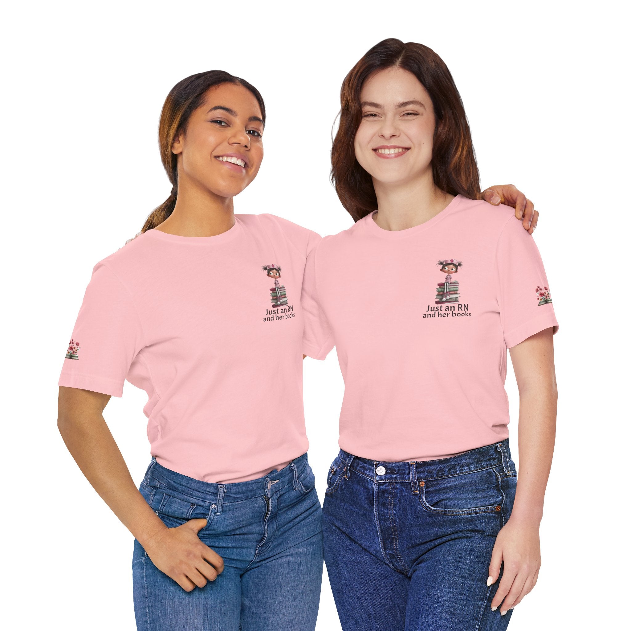 Just an RN and her books Unisex T-Shirt with imprinted sleeves - Print