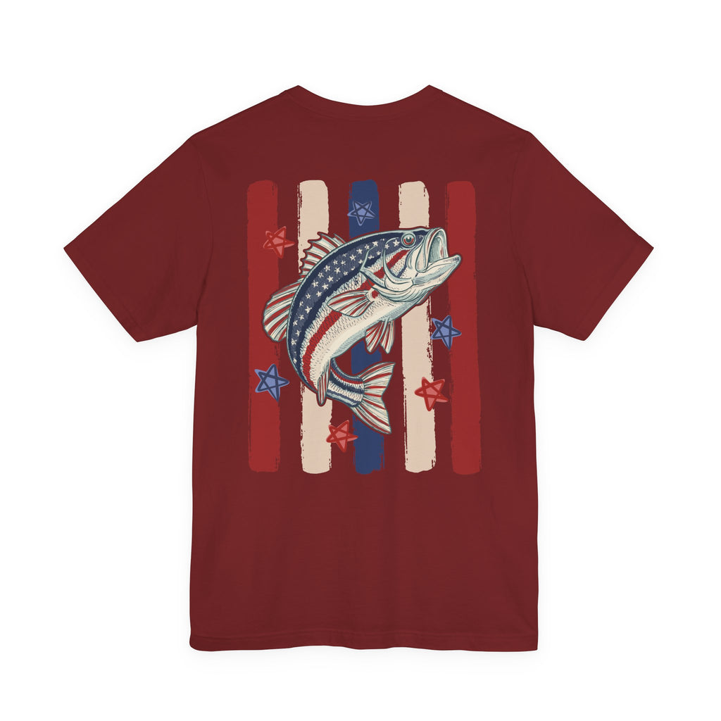 Patriotic Bass Fishing Graphic Tee — Red White & Blue Double-Sided Fishing Shirt | S–3XL
