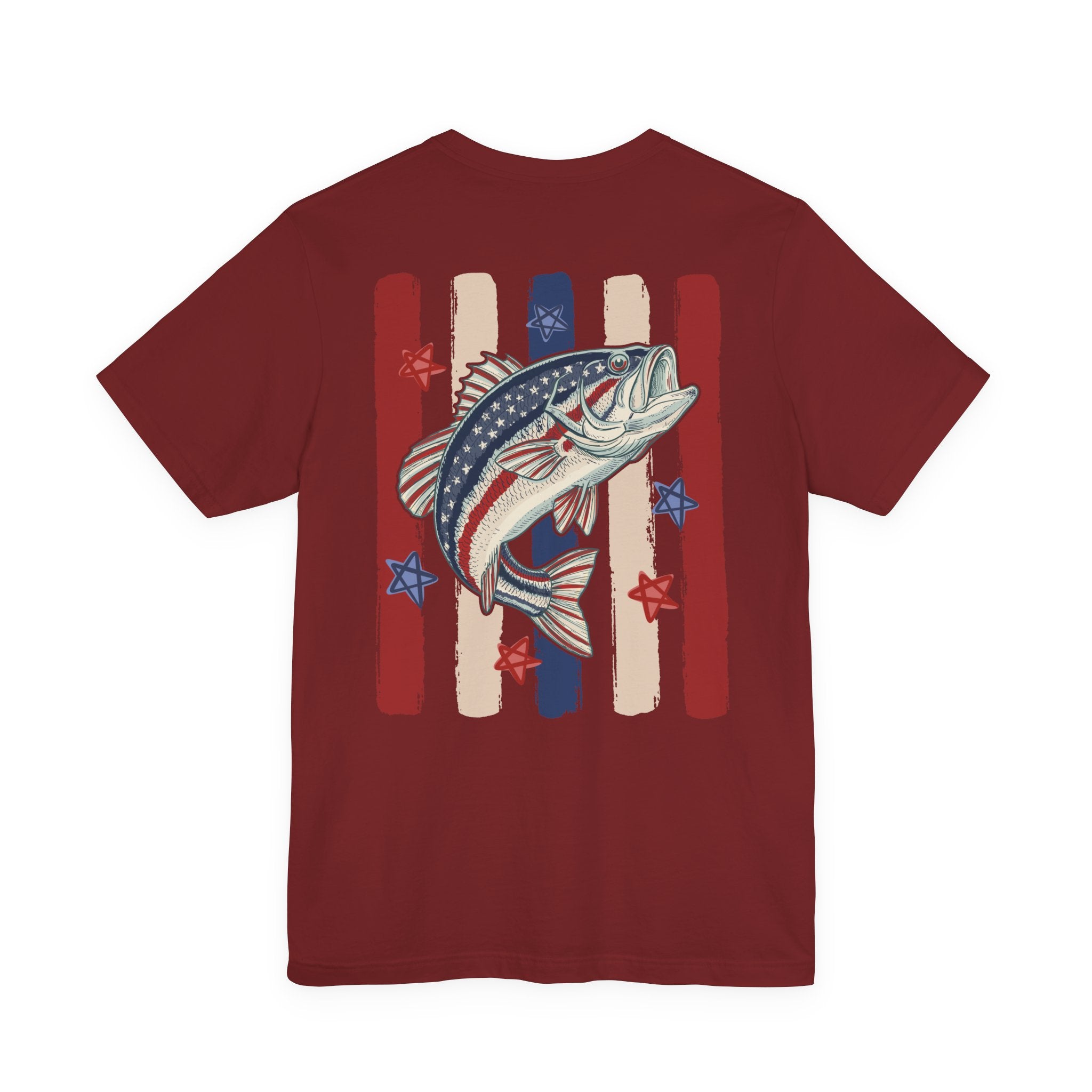 Patriotic Bass Fishing Graphic Tee — Red White & Blue Double-Sided Fishing Shirt | S–3XL