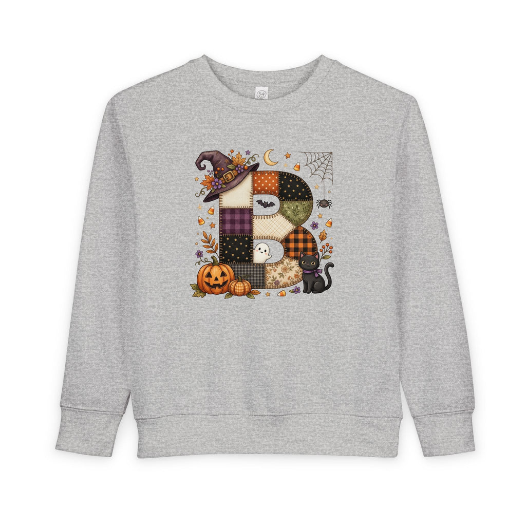 Kids Halloween Custom Initial Sweatshirt — Patchwork Pumpkin Witch Hat Design