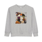 Kids Halloween Custom Initial Sweatshirt — Patchwork Pumpkin Witch Hat Design
